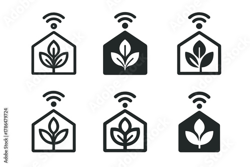 Smart Agriculture Logos. Smart agriculture solutions. Icon set. Set Logo of Smart agriculture solutions: sensor-enabled greenhouse. harmonious logo variations