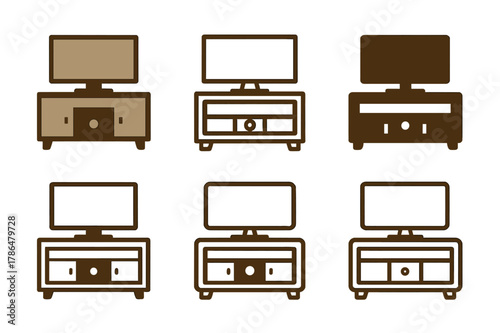TV Stand Logo Variations. A TV stand with storage for electronics and media. Set Logo of A TV stand with storage for electronics and media: media cabinet with