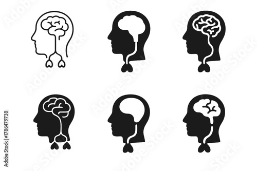 Mind-Body Connection Icons. The connection between the brain and chronic illness. Icon set. Set Logo of The connection between the brain and chronic illness: