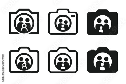 Family Photo Decor Logos. Personalizing home decor with family photos. Set Logo of personalizing home decor with family photos: camera and printed memories.