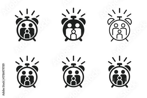 School Morning Logos. Getting the kids ready for school. Set Logo of Getting the kids ready for school: family alarm clock with ringing rays. Icon set.