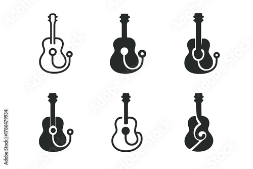 Music Therapy Logos. Music therapy for health. Set Logo of music therapy for health: guitar with stethoscope emblem. Icon set. harmonious logo variations of