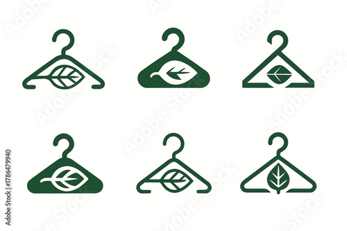 Ethical Fashion Icons. Ethical fashion. Icon set. Set Logo of Ethical fashion: secondhand clothing hanger. harmonious logo variations of the same emblematic
