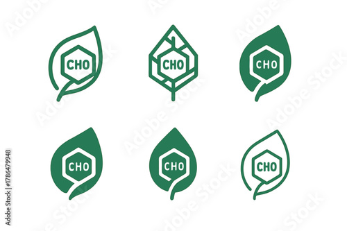 Plant Food Logo Variations. How plants make their food. Icon set. Set Logo of how plants make their food: energy molecule (glucose) inside leaf. harmonious