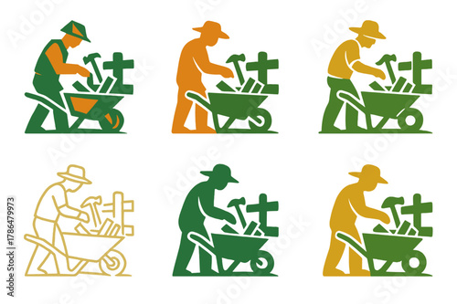 Farmer Logo Variations. A farmer repairing a wooden fence in a field. Set Logo of A farmer repairing a wooden fence in a field: wheelbarrow with planks and