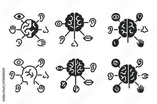 Senses Icon Set. How our senses work. Icon set. Set Logo of How our senses work: brain with sensory connections. harmonious logo variations of the same