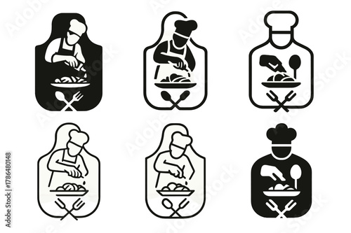 Chef's Logo Variations. A chef adding a drizzle of balsamic glaze over a dish of grilled vegetables. Set Logo of A chef adding a drizzle of balsamic glaze over
