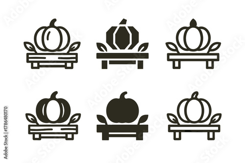 Pumpkin Decoration Logos. Decorating with pumpkins. Icon set. Set Logo of decorating with pumpkins: rustic pumpkin display. harmonious logo variations of the