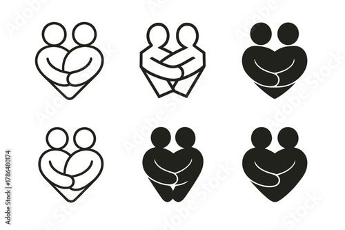 Embrace Logo Variations. Empathy in romantic relationships and building strong friendships. Set Logo of empathy and connection: two figures embracing. Icon