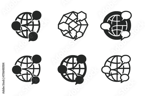 Mass Communication Logos. Mass communication theory. Icon set. Set Logo of mass communication theory: abstract globe connected by message lines. harmonious