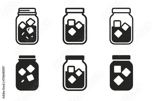Cold Brew Icons. Cold brew setup. Set Logo of Cold brew setup: mason jar with coffee and ice cubes. Icon set. harmonious logo variations of the same emblematic