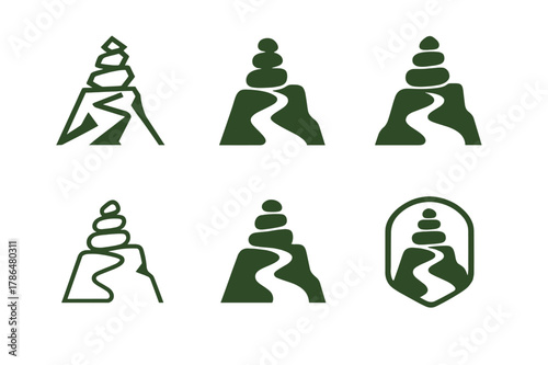 Trekking Logo Variations. Trekking in remote and unexplored areas. Set Logo of Trekking in remote and unexplored areas: cairn marker on cliff path. Icon set.
