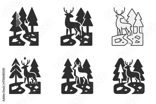 Wildlife and Litter Logos. Pollution and wildlife. Set Logo of Pollution and wildlife: deer in forest with littered trail. Icon set. harmonious logo variations