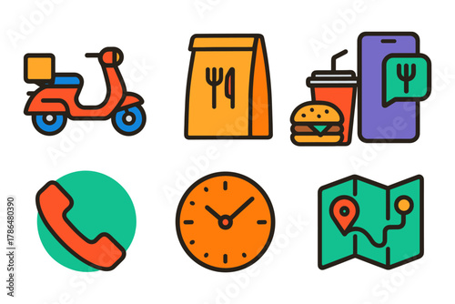 Food delivery icons set with scooter, burger, drink, and smartphone elements