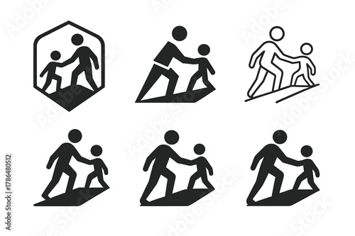 Career Coaching Logos. Personalized career coaching. Set Logo of personalized career coaching: mentor figure guiding a smaller silhouette upward. Icon set.