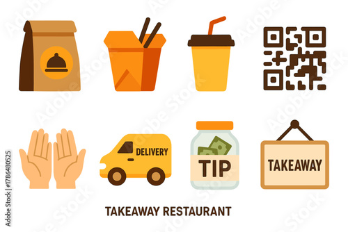 Takeaway restaurant icons: delivery, payment, and food symbols
