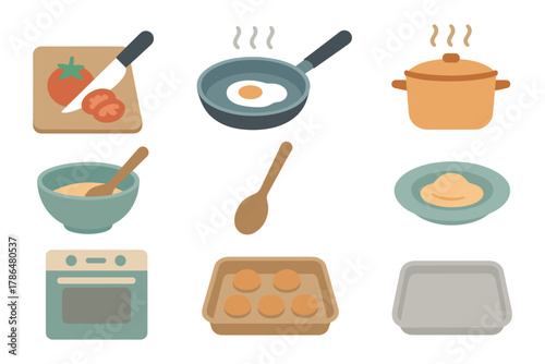 Flat style kitchen utensils and cooking ingredients for home cooking