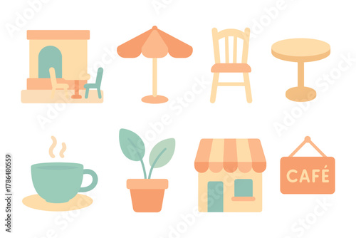 Cozy café elements in pastel tones: tables, chairs, and more for relaxed ambiance
