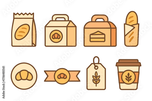 Minimalist bakery icons set featuring bread, packaging, and labels in flat design
