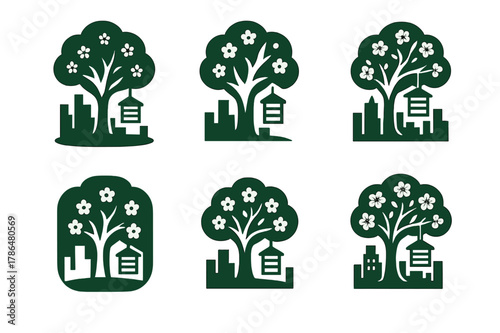 Urban Beekeeping Logos. Suburban beekeeping with urban landscapes. Set Logo of Suburban beekeeping with urban landscapes: flowering tree with hive frames