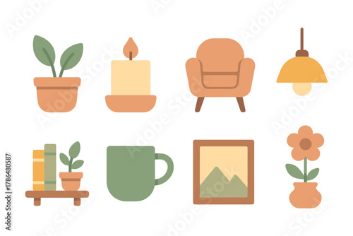 Cozy minimalist home decor set with plants and furniture in flat style