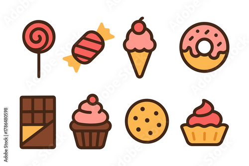 Colorful sweet treats collection: candy, chocolate, ice cream, and desserts