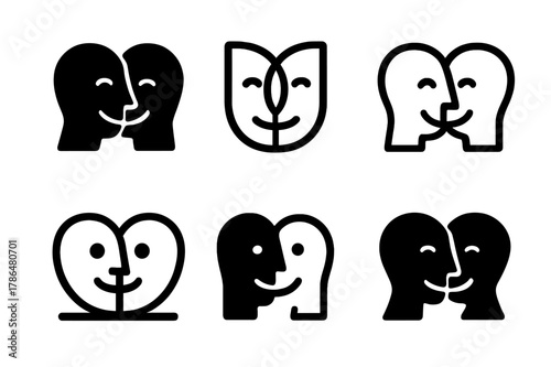 Empathic Connections Icons. Empathy in romantic relationships and building strong friendships. Set Logo of empathy and connection: pair of faces with shared