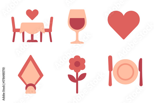 Romantic dining elements with hearts and flowers in flat design