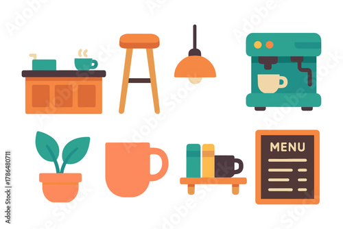 Modern coffee shop elements featuring furniture, coffee machine, and decor in flat design