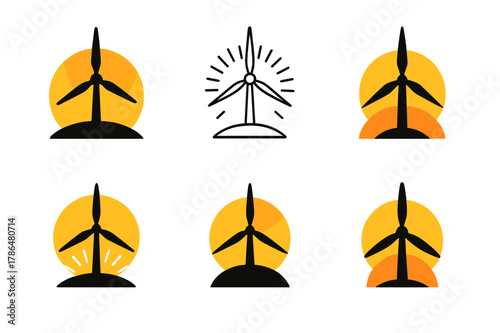 Climate Hope Icons. Climate hope. Icon set. Set Logo of climate hope: wind turbine at sunrise. harmonious logo variations of the same emblematic concept, each