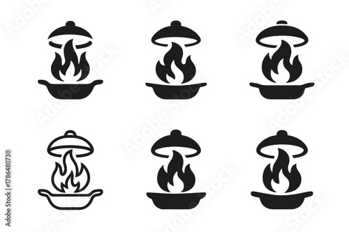 Flame Control Logos. A chef flambeing a dish with a burst of flames in a pan. Set Logo of flare control: lid hovering to tame flames. Icon set. harmonious logo