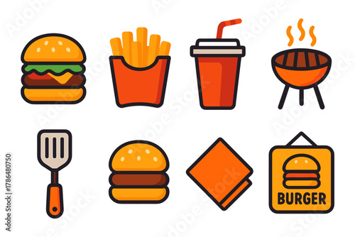 Cartoon food and bbq icons: burgers, fries, and grilled essentials