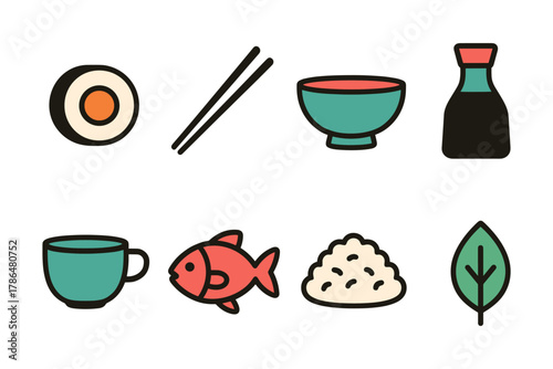 Colorful flat icons of japanese cuisine with sushi, chopsticks, and more