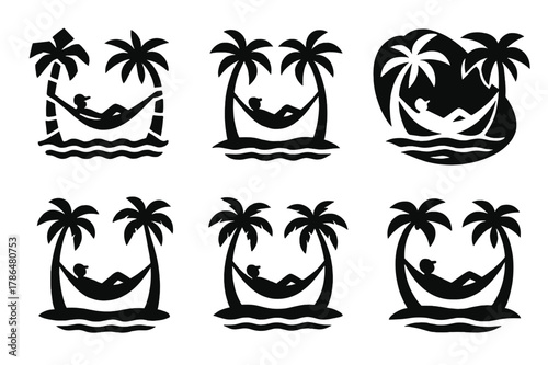 Tropical Hammock Icons. A traveler relaxing in a hammock between two palm trees, on a tropical island. Icon set. Set Logo of A traveler relaxing in a hammock