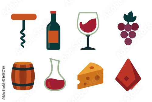 Wine tasting icons set featuring corkscrew, glass, barrel, and grapes
