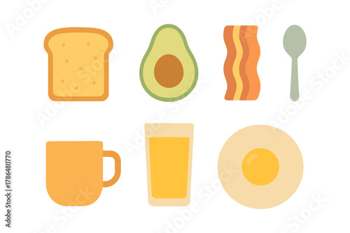 Breakfast icons set: toast, avocado, bacon, egg, coffee, juice, spoon