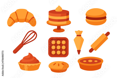 Flat style bakery icons set featuring pastry, cake, and baking tools