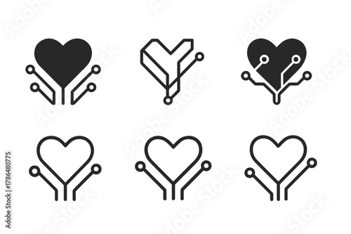 Diverse Startup Logos. Social impact startups. Set Logo of Social impact startups: ethical tech circuit heart badge. Icon set. harmonious logo variations of