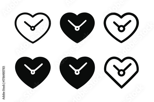 Flexible Work Icons. Flexible work schedules for parents. Icon set. Set Logo of Flexible work schedules for parents: clock shaped like heart. harmonious logo
