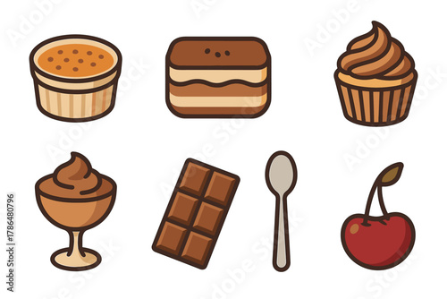 Delicious dessert icons: cupcake, chocolate, cherry, and more in flat style