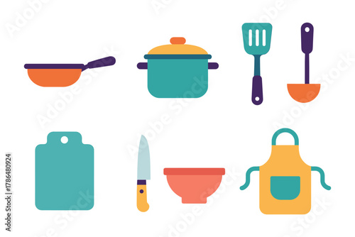 Colorful flat kitchen utensils set on white background