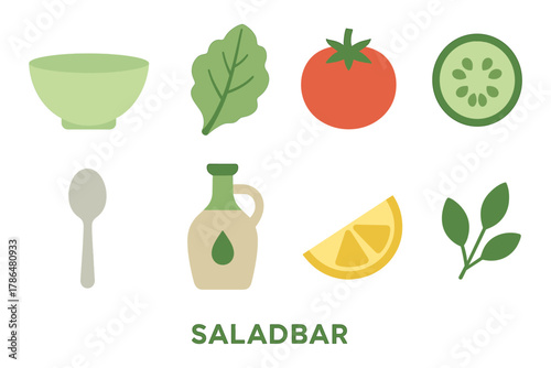 Colorful elements for a fresh salad bar: bowl, ingredients, and utensils