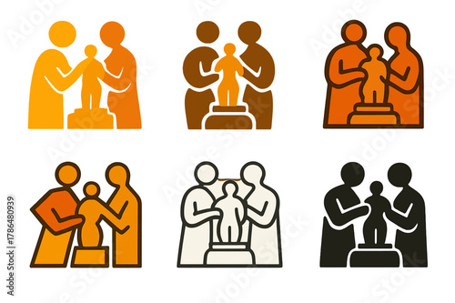 Creative Collaboration Logos. Artists working together in a workshop. Set Logo of Artists working together in a workshop: clay figure on armature with helping