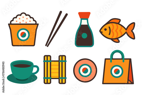 Japanese cuisine icons set featuring sushi rice, chopsticks, soy sauce, cup, fish, and takeout bag in flat style