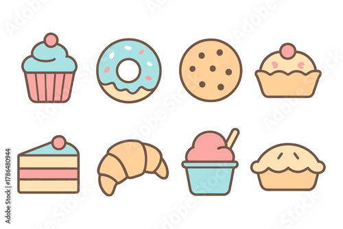 Delightful dessert icons: cupcake to pie in cute pastel line art