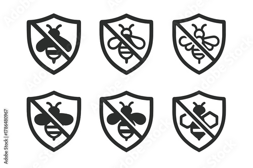 Bee Conservation Logos. Bee conservation initiatives. Icon set. Set Logo of bee conservation initiatives: pesticide-free shield with bee emblem. harmonious