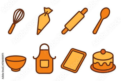 Colorful baking utensils and cake icons collection for kitchen inspiration