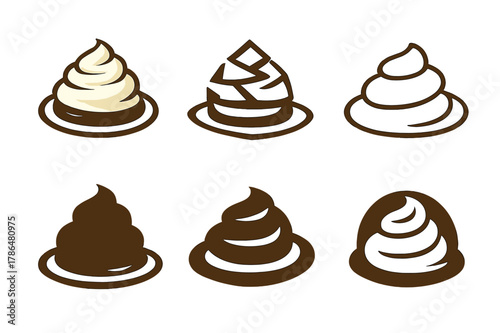 Mashed Potato Logos. Mashed potato mound. Icon set. Set Logo of mashed potato mound: creamy swirl with gravy pool. harmonious logo variations of the same