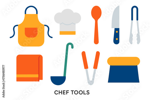 Essential chef tools set with apron, hat, knives, and utensils in flat design