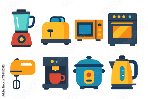 Colorful collection of essential kitchen appliances in flat design style